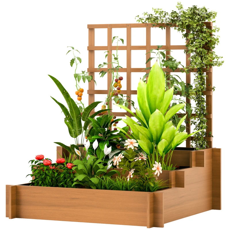 Outsunny 3 Tier Garden Planters with Trellis for Vine Climbing, Wooden Raised Beds, 95x95x110cm, Brown