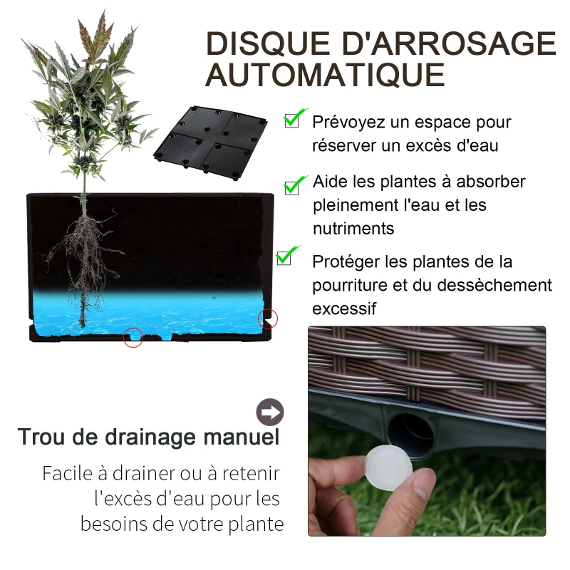 Outsunny Jardinière sur roulettes dim. 40L x 40l x 31H cm Insert d'irrigation Plastique Imitation rotin tressé Chocolat