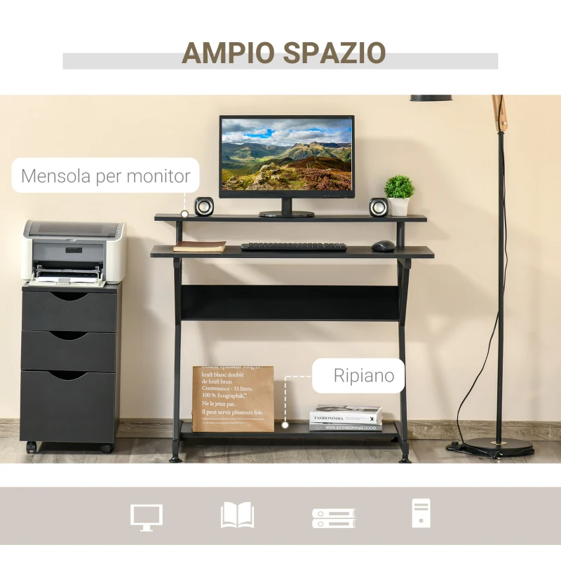 HOMCOM Tavolo Porta PC Salvaspazio con Ripiano Monitor Rialzato, 100x60x85.5cm, Legno - Nero
