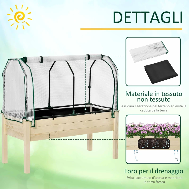 Outsunny Letto per Orto in Cassetta con Serra da Giardino, Portapiante da Esterno in Legno e PE per Fiori e Verdure, 121x55x117cm