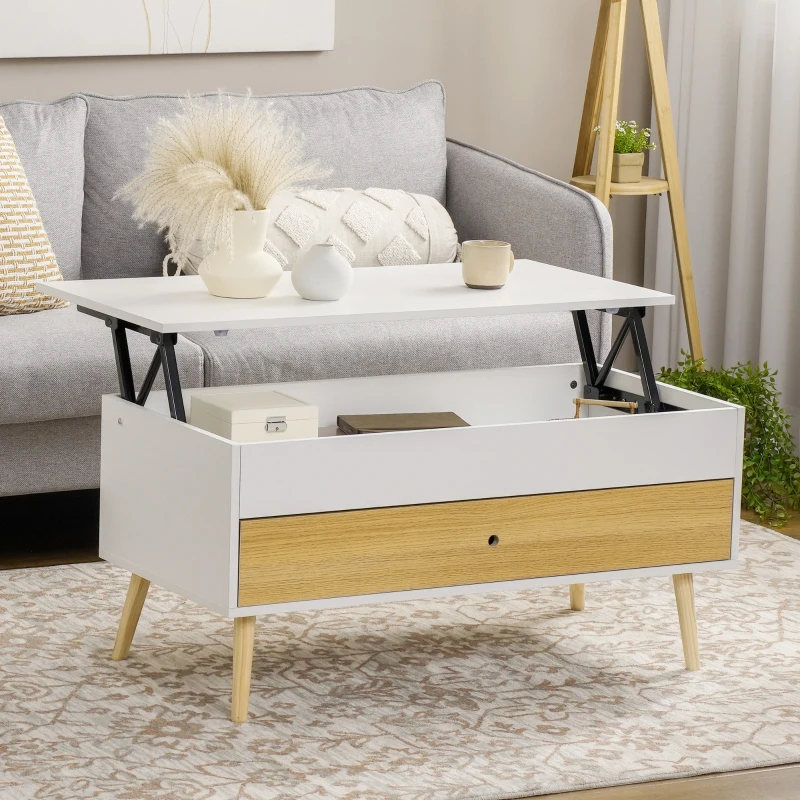 HOMCOM Table basse rectangulaire avec plateau relevable 1 tiroir coffre en bois dim. 100L x 50l x 49H cm bois clair et blanc