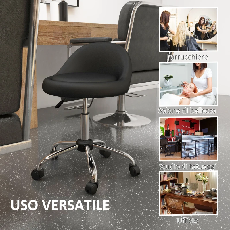 HOMCOM Sgabello con Ruote, Seduta Girevole, Altezza Regolabile e Rivestimento in Finta Pelle PU, Nero