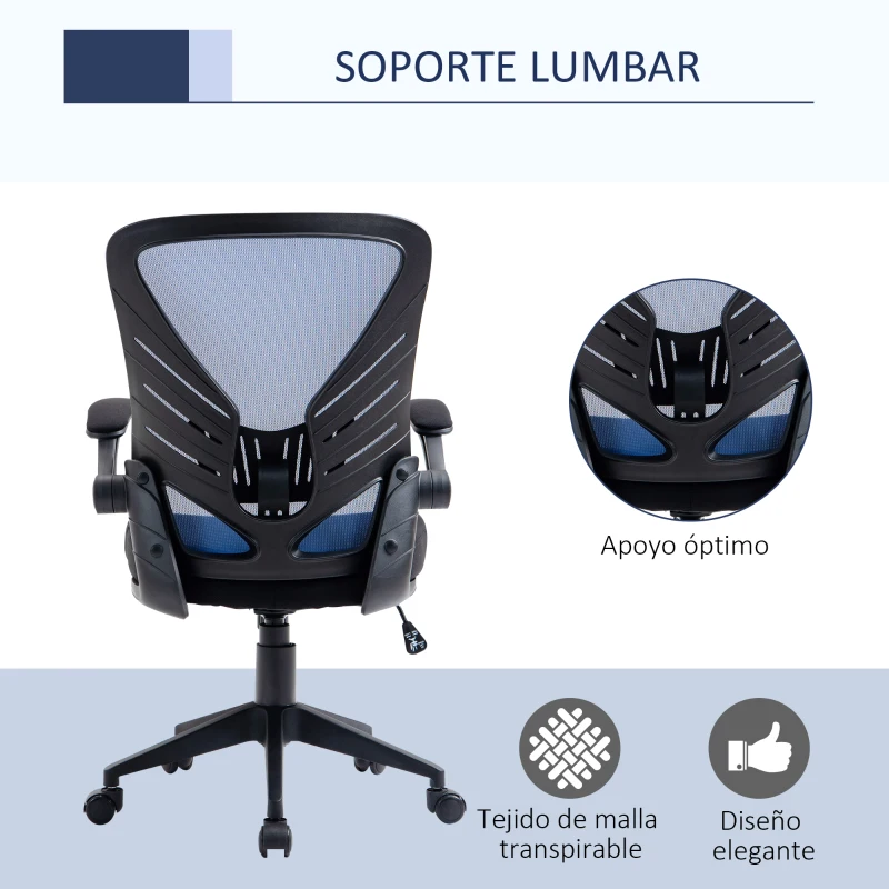 Vinsetto Silla de Oficina Ergonómica Silla de Juvenil con Altura Ajustable Reposabrazos Abatible y Soporte Lumbar Transpirable 62x59x99-107 cm Azul y Negro