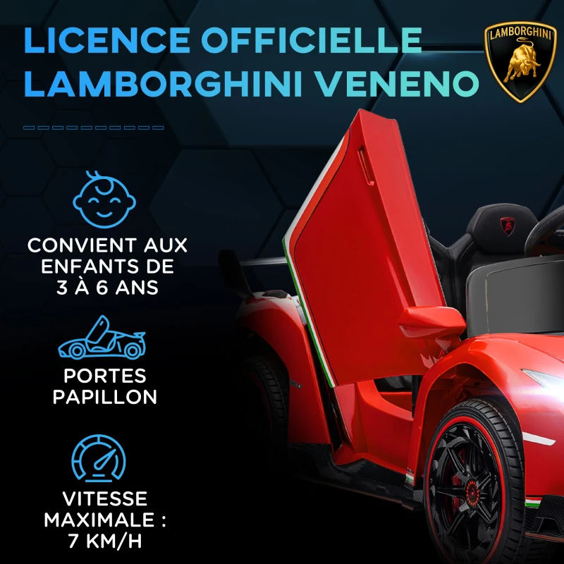 HOMCOM Voiture électrique licence Lamborghini Veneno 12V pour enfants avec portes papillon télécommande musique rouge
