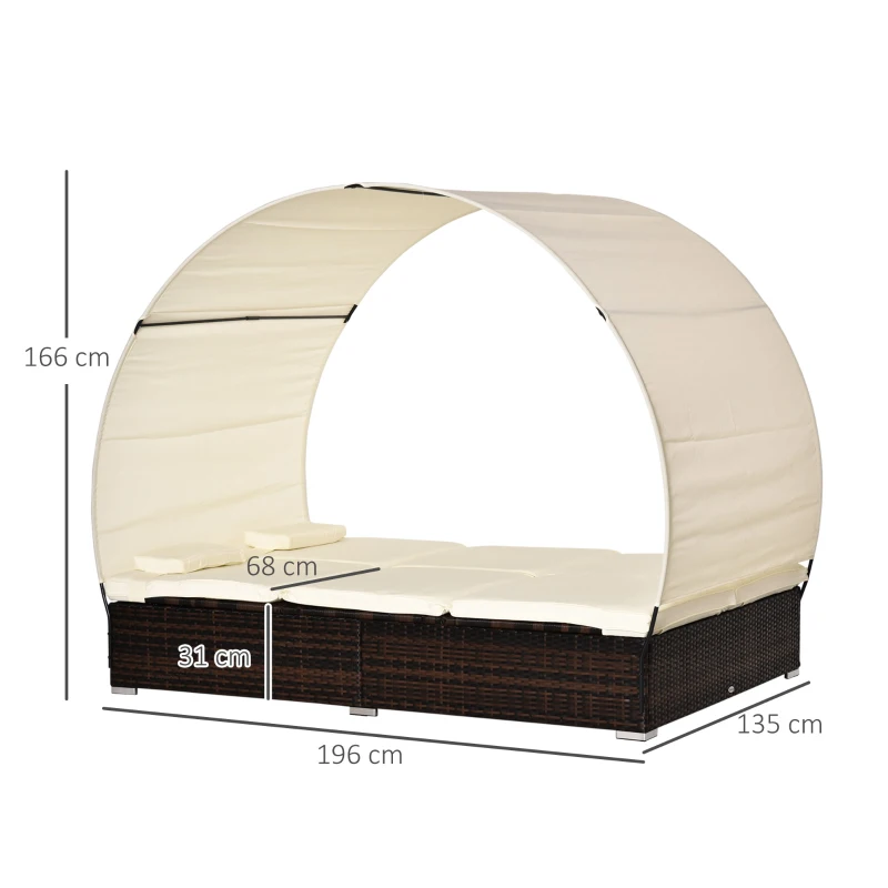 Outsunny Sdraio da Giardino Doppia con Tettuccio e Schienale 5 Reclinazioni, Lettino Prendisole in Rattan PE 196x137x31cm Bianco Crema