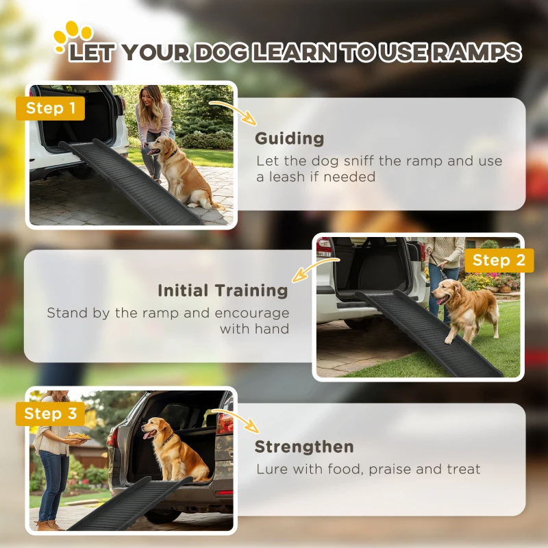 PawHut Rampa Plegable para Perros y Gatos con Almohadillas Antideslizantes para Coche Cama Sofá 155x39x14 cm Negro