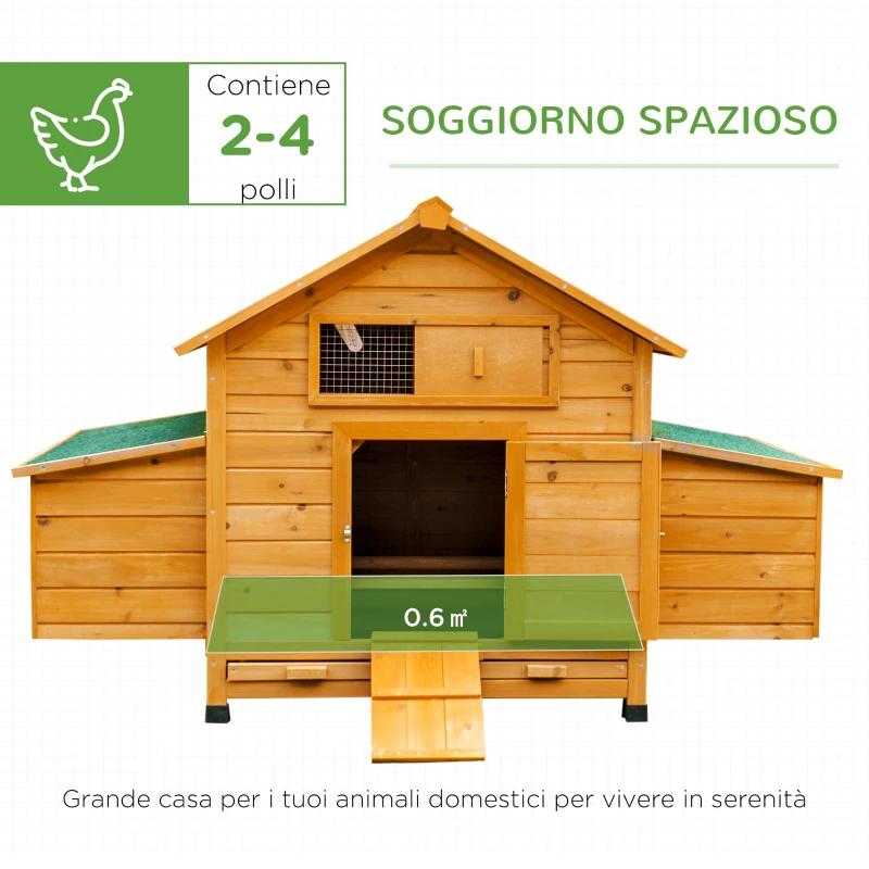 PawHut Pollaio Gabbia Ovaiole per Galline da Giardino con 2 Cassetti, Nido e Tetto da Esterno Impermeabile in Legno, 150x100x96.5 cm