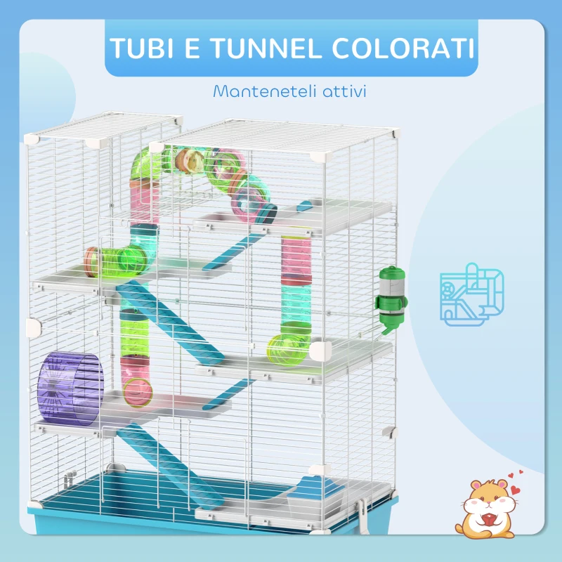 PawHut Gabbia per Criceti 6 Livelli con Tunnel, Ruota, Rampe, Casetta, Bottiglia e Ciotola, Azzurro