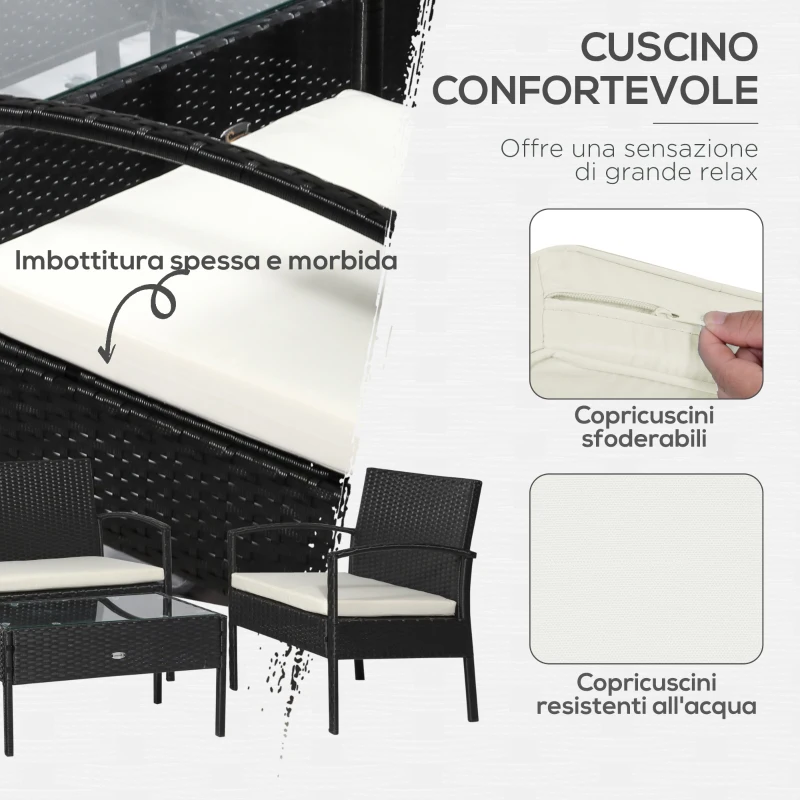 Outsunny Set da Giardino 4 Pezzi in Rattan PE con Tavolino da Giardino, 2 Poltroncine e Divano 2 posti, Nero e Crema