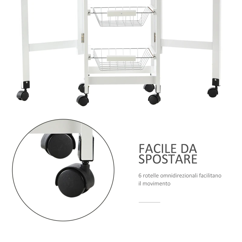 HOMCOM Carrello Portavivande Pieghevole a 6 Ruote con 3 Cestini, Cassetto e 2 Ribalte, Carrellino per Cucina in MDF e Metallo, 37x37x77.5 cm, Bianco e Legno