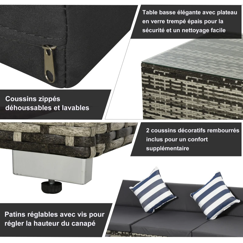 Outsunny Ensemble salon de jardin 5 pièces ensemble canapé d'angle 4 personnes résine tressée avec table basse plateau verre trempé coussins déhoussables gris