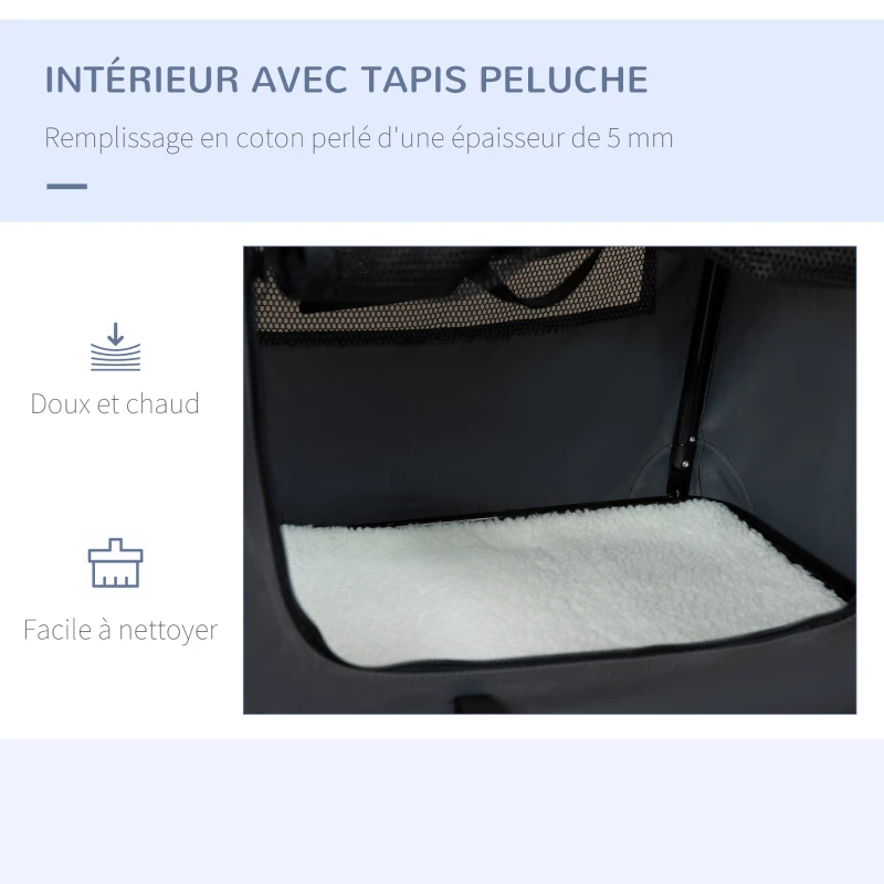 PawHut Sac de transport pliable - poignée, 3 entrées zippées, poche - coussin amovible - acier oxford polyester gris noir