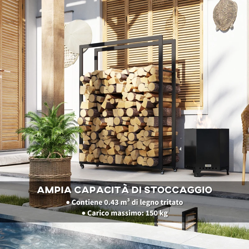 Outsunny Portalegna da Esterno e Interno con Ruote, Legnaia in Acciaio con Capacità 0.43m³, 120x32x151cm, Nero