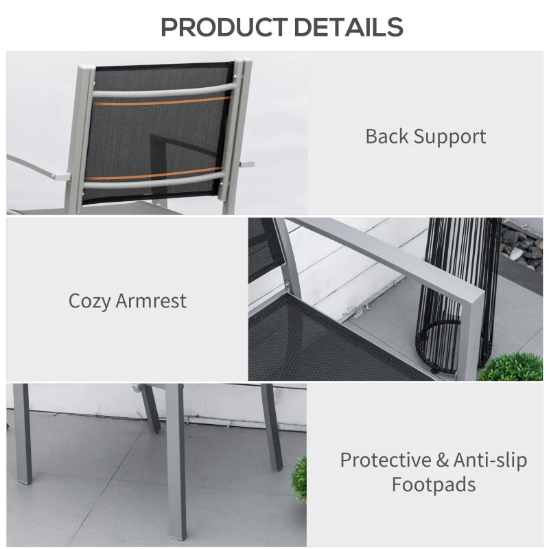 Outsunny Garden Chairs Set Of 2 Outdoor Chairs with Steel Frame Texteline Seats for Dining Patio Balcony Grey and Black