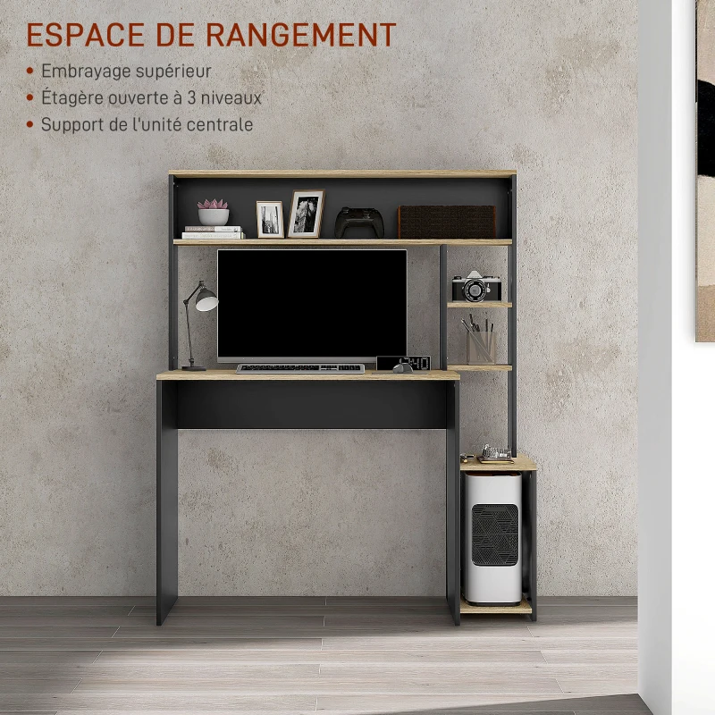 HOMCOM Bureau multi-rangements avec étagères, support pour unité centrale, grand bureau, 114L x 45l x 138H cm