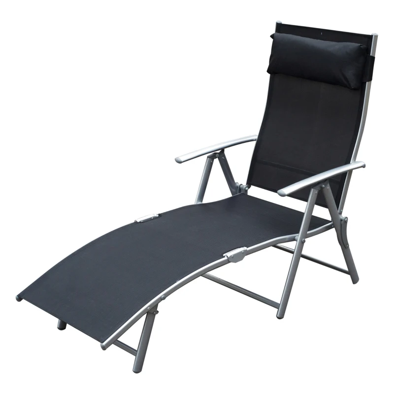 Outsunny Sun Lounger Steel Frame Outdoor Folding Chaise Texteline Lounge Chair Recliner with Headrest & 7 Levels Adjustable Backrest, Black