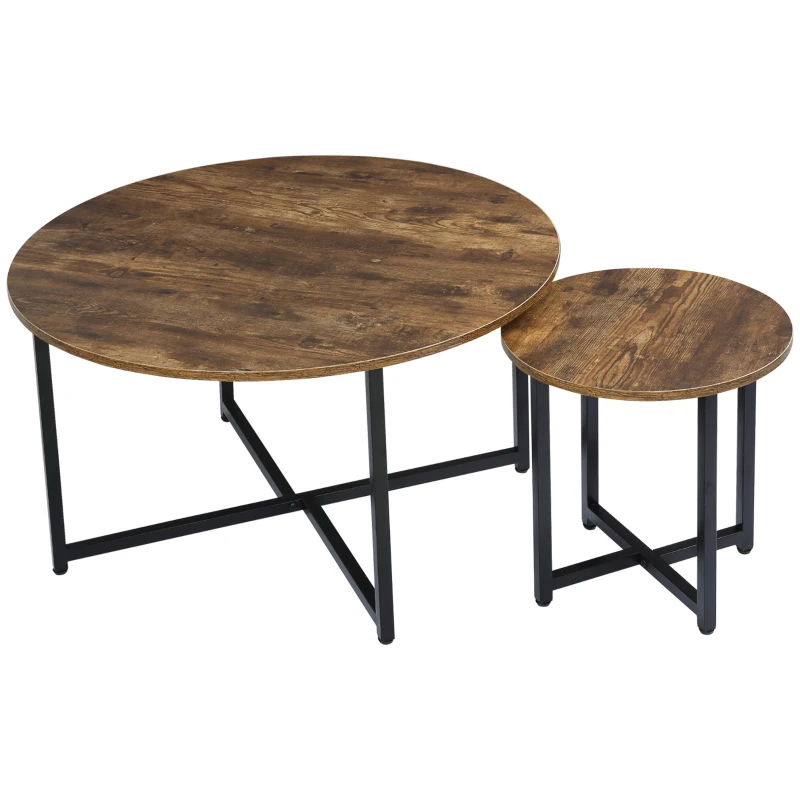 HOMCOM Round Coffee Table, Set of 2 Side Table with Metal Frame, Industrial End Table for Living Room Bedroom, Rustic Brown