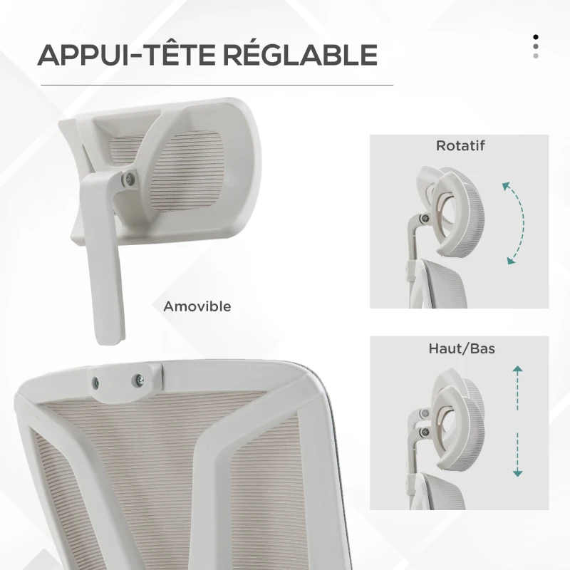 Vinsetto Fauteuil de bureau dossier réglable repose-pied appui-tête réglable soutien lombaire tissu en maille blanc et gris