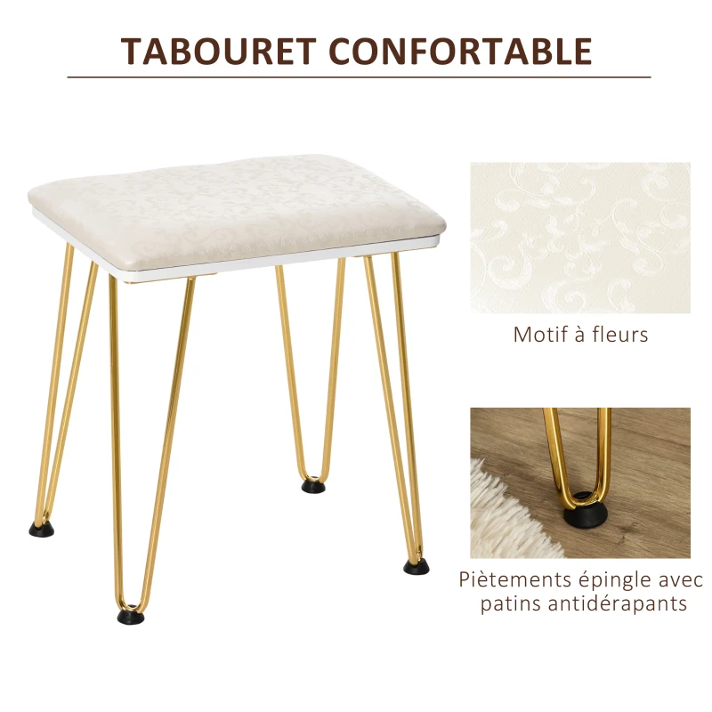HOMCOM Coiffeuse Table de maquillage moderne - Miroir LED réglable intégré - Tabouret Inclus - pied en métal doré - 2 tiroirs + 1 Organisateur Blanc