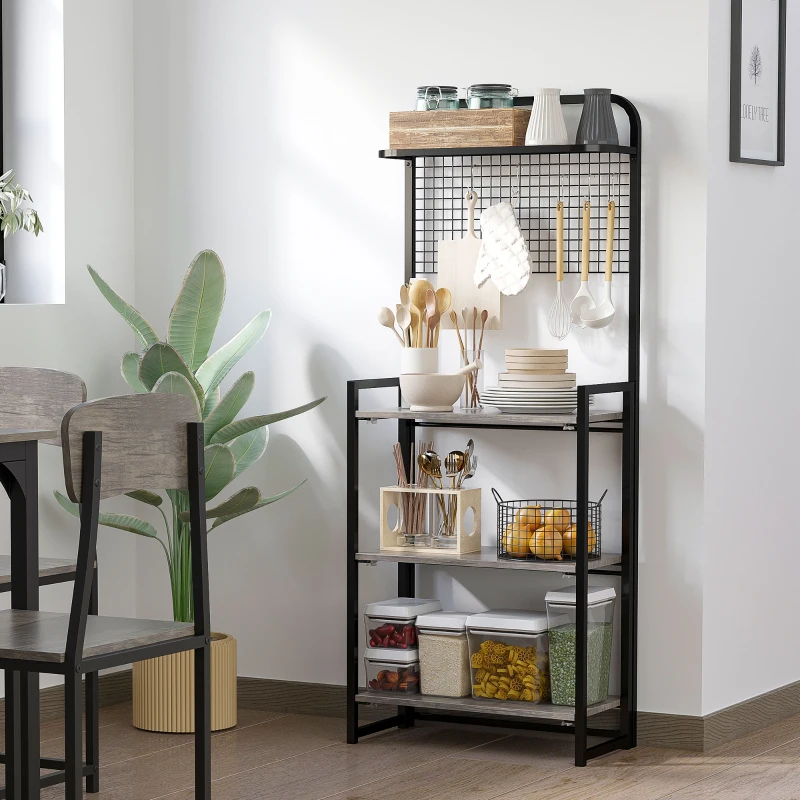 HOMCOM Estante de Cocina Plegable de 4 Niveles Estantería para Microondas con 5 Ganchos para Comedor 60x30x150 cm Negro