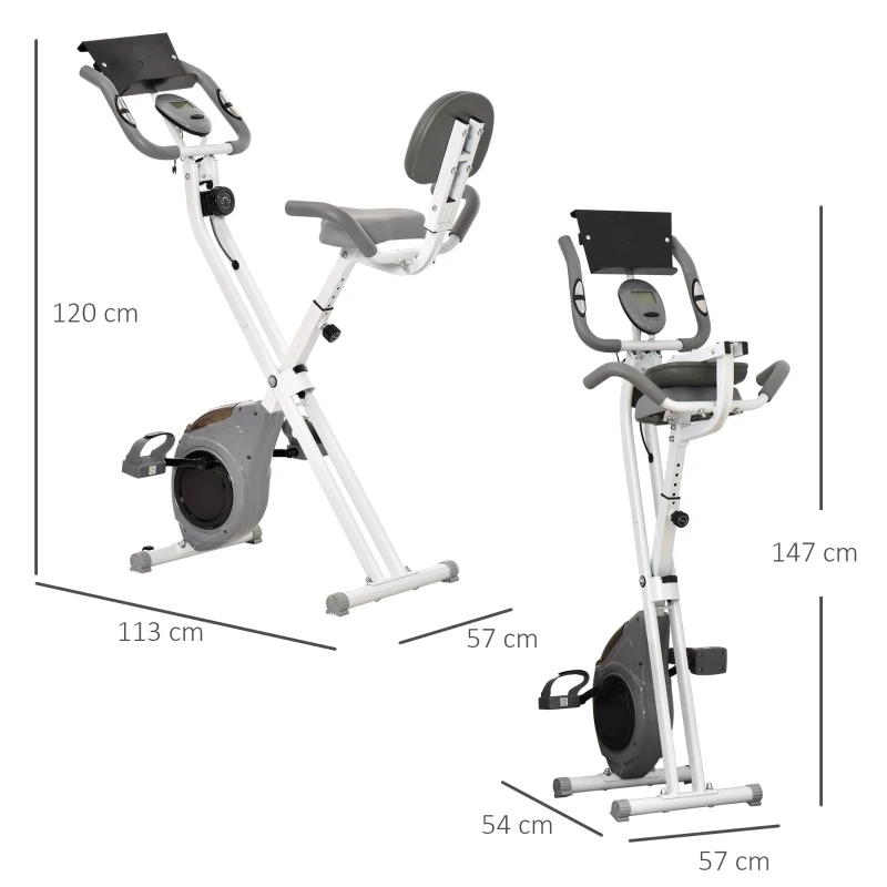 HOMCOM Vélo d'appartement magnetique pliable vélo de fitness vélo d'intérieurgrand confort dossier selle réglable poignées écran LCD multifonction support tablette acier blanc gris