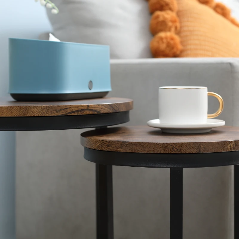 HOMCOM Lot de 2 tables d'appoint tables gigognes tables basses modulables style industriel - plateau aspect bois et pieds en métal noir