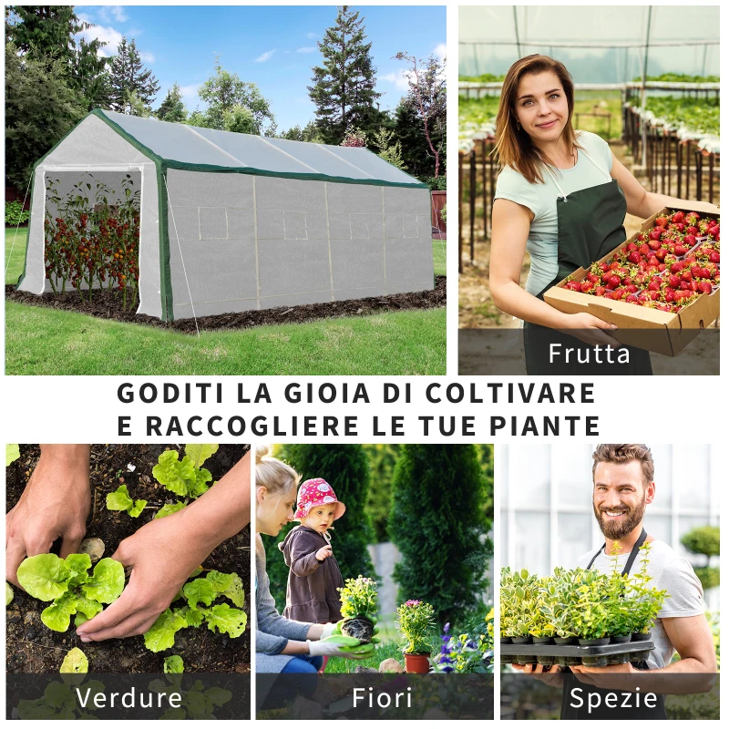Outsunny Serra per Orto a Tunnel 6x3x2.4m Copertura in PE e Acciaio, Porta Avvolgibile e 8 Finestre