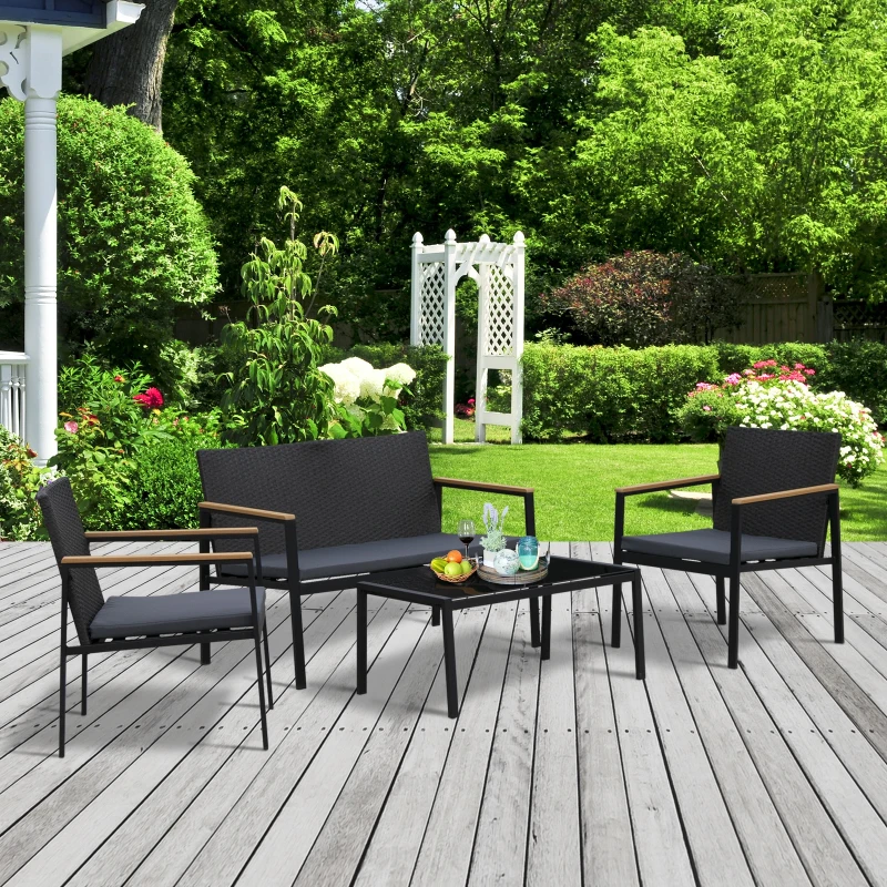 Outsunny 4 Pieces Rattan Garden Furniture Set, 4 Seater Garden Sofa Set with Loveseat, 2 Armchairs and Glass Top Coffee Table, Wicker Outdoor Conservatory Furniture with Cushions for Patio, Black