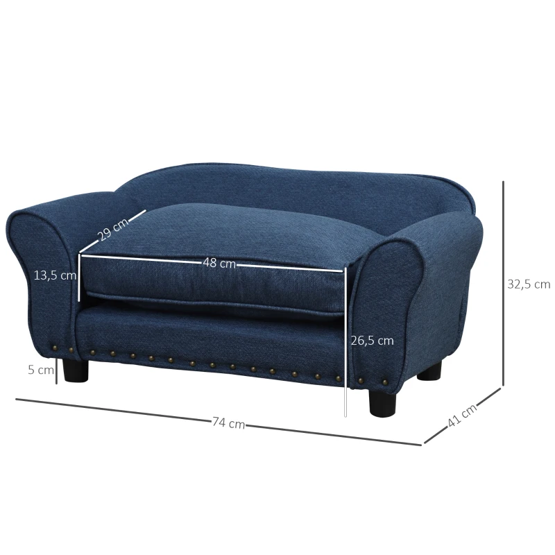 PawHut Canapé Chien Chat sur Pied Style Moderne Coussin d'assise Amovible Lavable Grand Confort  Revêtement en Lin 74 x 41 x 32,5 cm Bleu