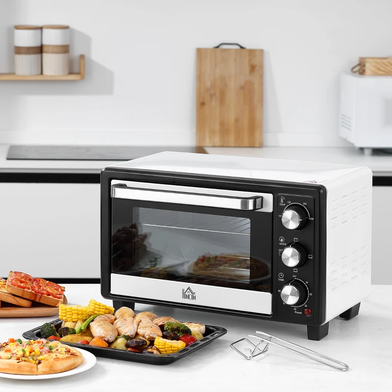 HOMCOM Horno Portátil 16L 1400W con 3 Modos de Calor Temporizador Bandeja de Horneado y Rejilla 44x32x28,1 cm Blanco y Negro