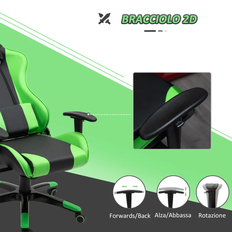 HOMCOM Sedia Gaming Professionale con Altezza Regolabile, Sedia da Ufficio Girevole e Reclinabile, con Sostegno Lombare e Collo, 67x67x123-132 cm, Nera e Verde