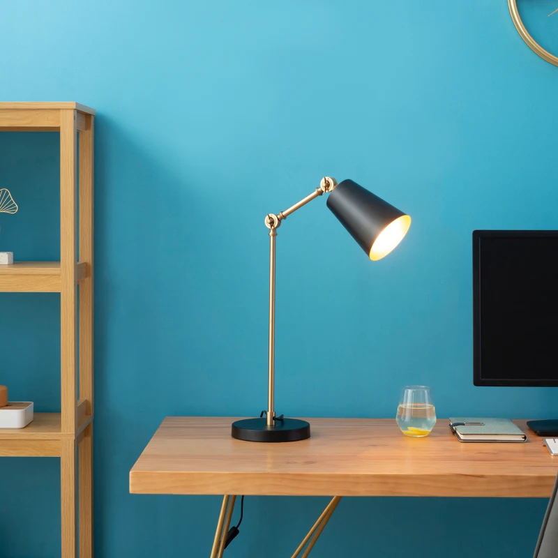 HOMCOM Lampe de table lampe de chevet style industriel angle réglable à 180° en métal pour salon chambre salle à manger bureau noir et or