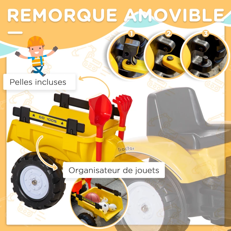 HOMCOM Tracteur à pédales avec remorque amovible pelle et râteau jeu de plein air enfants 3 à 6 ans jaune noir