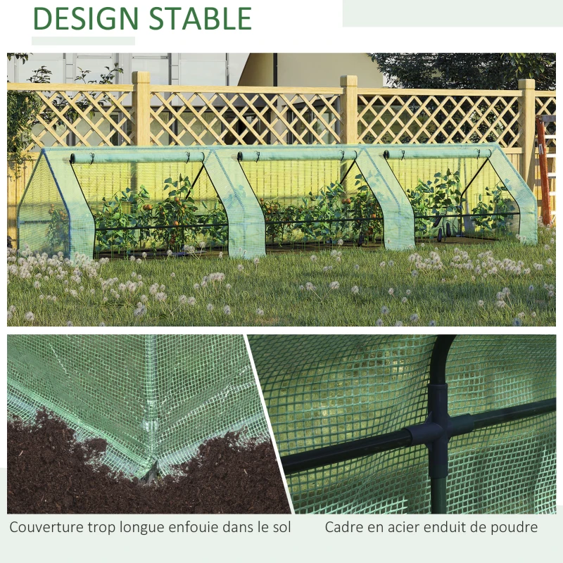 Outsunny Mini Serre de Jardin Serre à tomates mini serre tunnel toit pointu 400L x 100l x 80H cm Acier PE Haute densité 140 g/m² Anti-UV 3 fenêtres avec Zip enroulables Vert