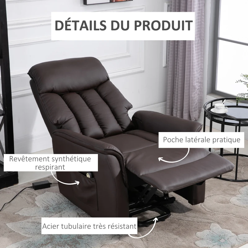 HOMCOM Fauteuil électrique releveur fauteuil relax avec repose-pieds dossier inclinable télécommande poche latérale marron