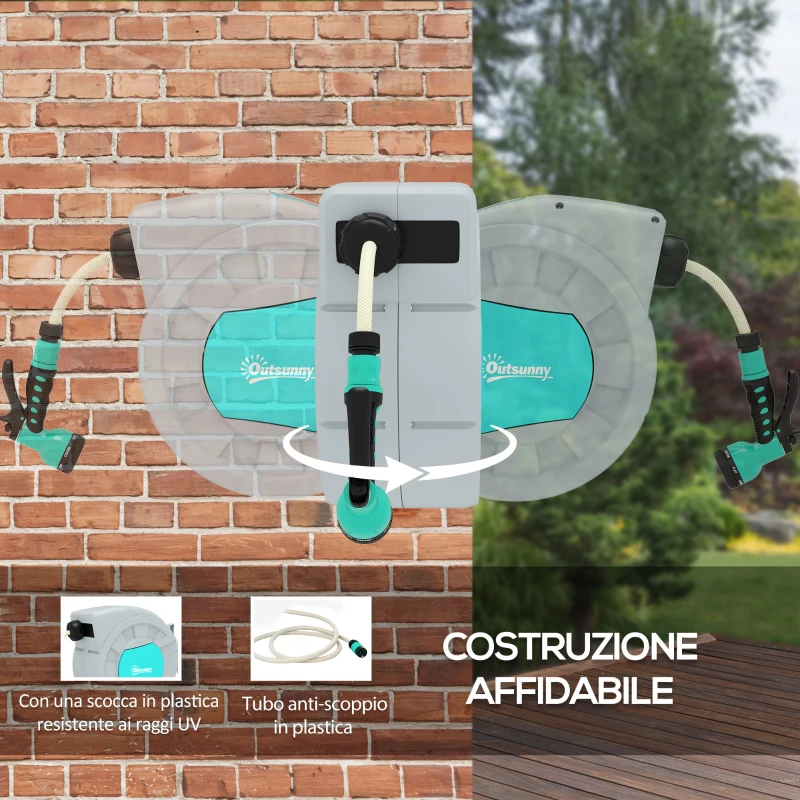 Outsunny Avvolgitubo Automatico a Parete e Portatile Lunghezza 30+2 m, Sistema di Blocco e 7 Getti, Verde