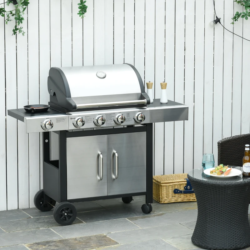 Outsunny Barbecue Gas con Coperchio e 5 Bruciatori da 15.2kW e 4 Ruote, 128x56x113cm