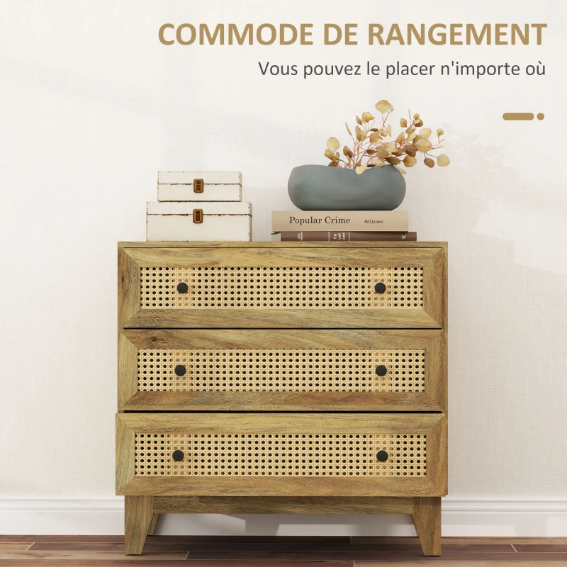 HOMCOM Commode 3 tiroirs meuble de rangement cannage en rotin aspect bois clair 80 x 35 x 76 cm