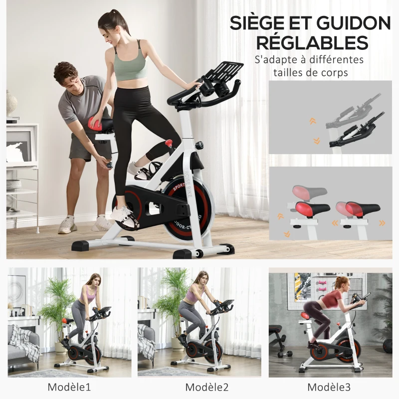 HOMCOM Vélo d'appartement avec écran LCD multifonctions vélo biking cardio-training selle et guidon réglables poids volant inertie 8 Kg acier blanc(m-6)
