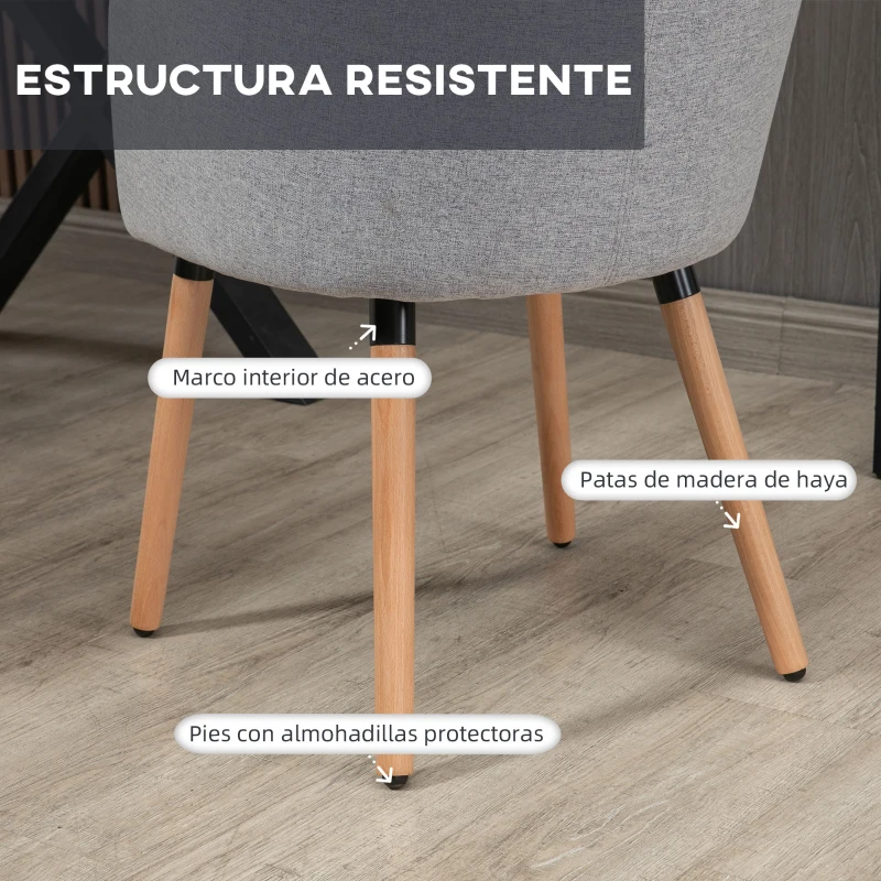 HOMCOM Silla de Comedor Tapizada en Lino Sintético Transpirable con Asiento Acolchado y Patas de Madera 57x56x72cm Gris