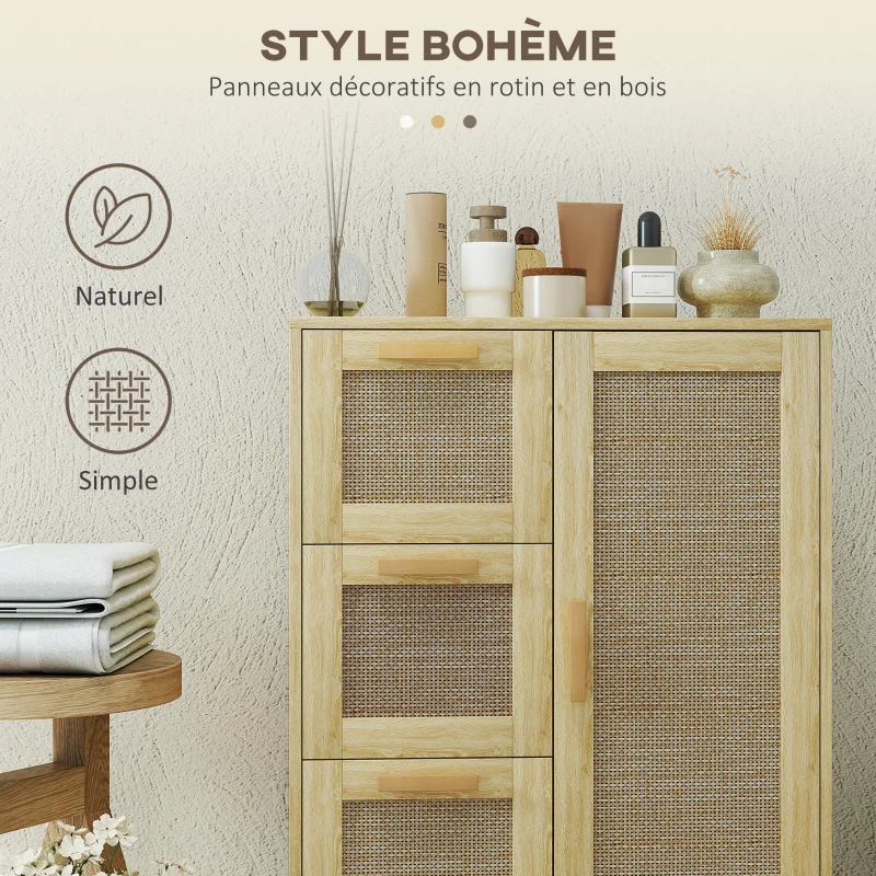 HOMCOM Armoire meuble de rangement style bohème avec 3 tiroirs et 3 étagères, façade rotin tissé, compact, 55 x 30 x 82 cm