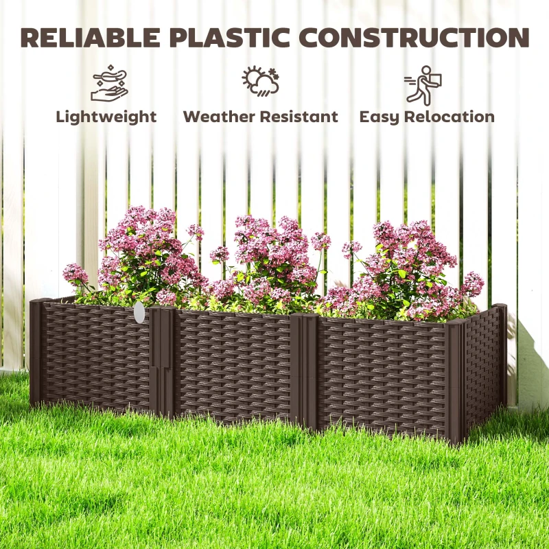 Outsunny Plastic Raised Garden Bed, Modular Planter Box Kit, Garden Fence Edging Border for Flowers, Vegetables, Herbs, Brown