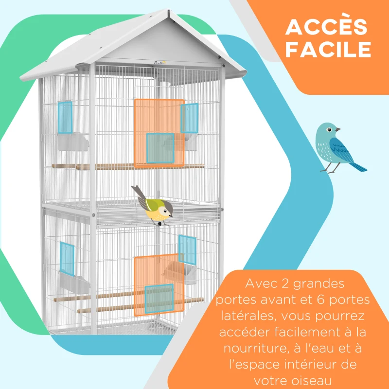 PawHut Volière cage à oiseaux sur roulettes design maison mangeoires perchoirs portes plateaux excréments amovibles métal