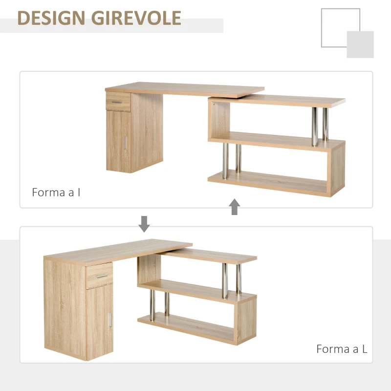HOMCOM Scrivania Angolare Moderna in Legno con Cassetto, Armadietto e Mensole, Arredamento per Ufficio e Casa, Rovere
