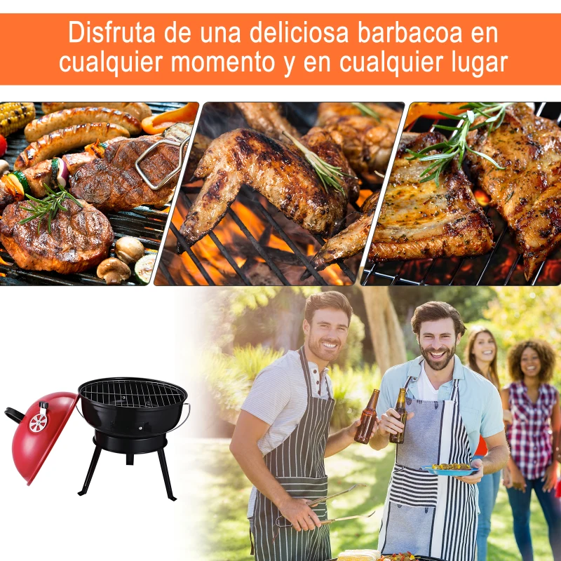 Outsunny Parrilla para Barbacoa de Carbón Portátil con Mango Ahumador Pequeño de Hierro Esmaltado con 3 Patas Antideslizantes Ф36.5x54cm