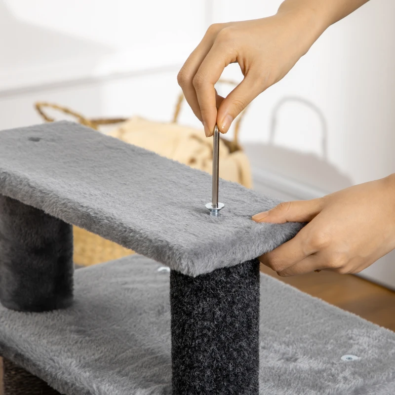 PawHut Escalier pour chat arbre à chat hauteur ajustable 3 ou 4 marches avec niche balle suspendue - 60 x 40 x 66 cm - gris