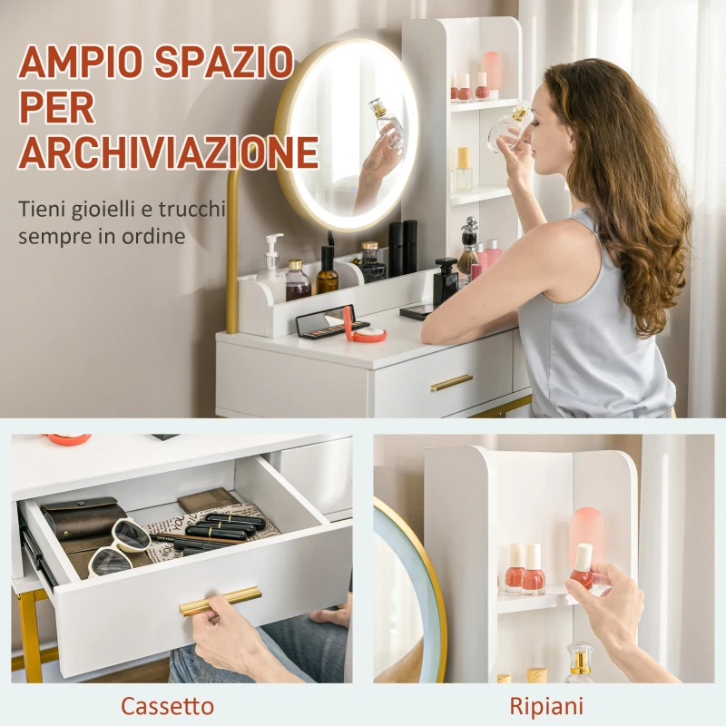 HOMCOM Toeletta Tavolo Trucco con Specchio Illuminato a LED e Sgabello, Cassetti e Ripiani, Bianco