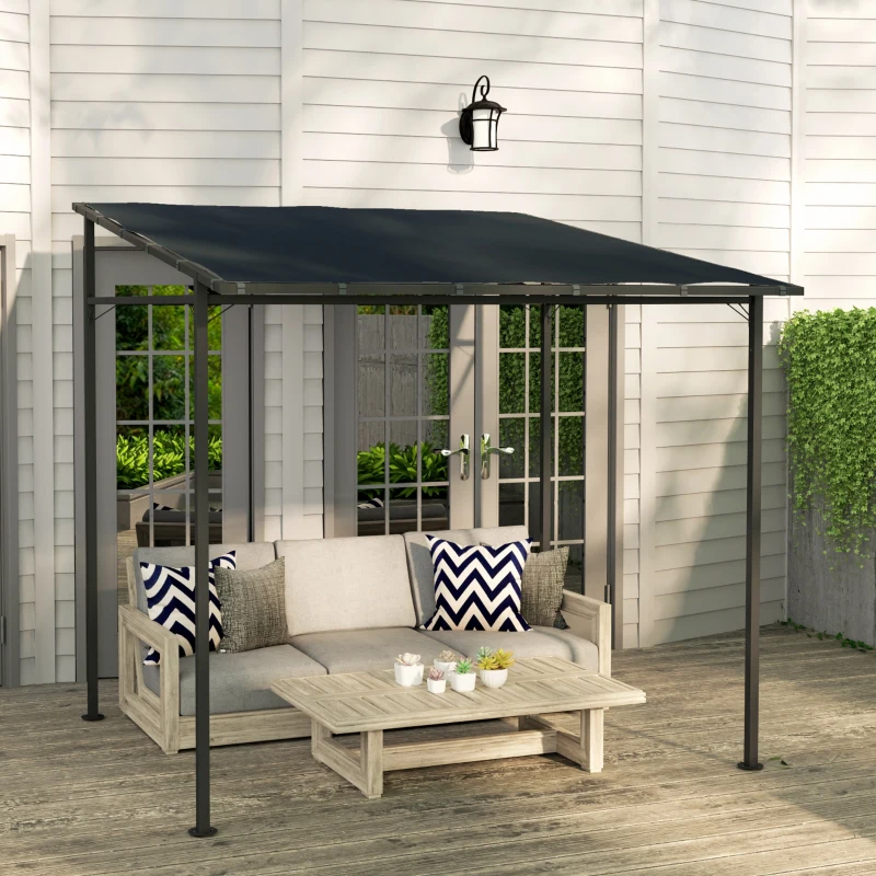 Outsunny 2.4 x 2.4 m Wall Mounted Pergola Gazebo with PA Coating Fabric and Metal Frame, UPF30+, Lean to Garden Gazebo, Wind Resistant Outdoor Sun Shade Shelter for Garden, Deck, Dark Grey
