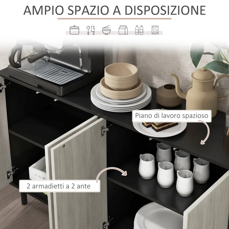 HOMCOM Credenza Moderna con 2 Armadietti e 4 Ante con Apertura a Pressione, 121x37x75cm, Nero