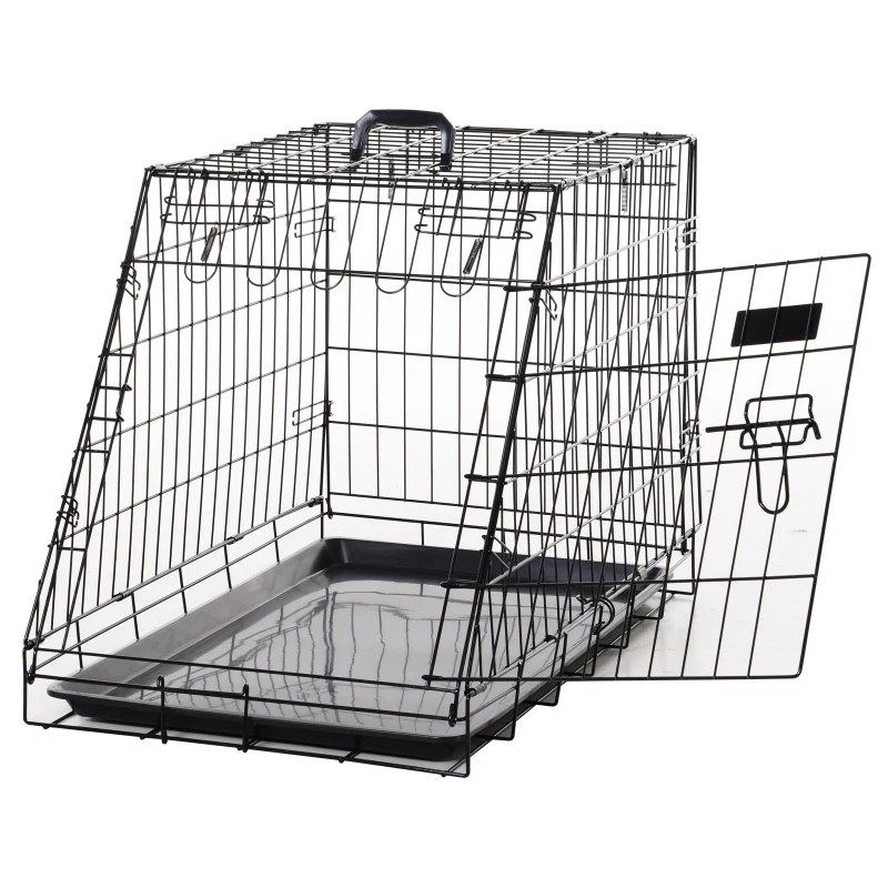 PawHut Jaula Plegable de Metal para Perros con Bandeja Extraíble Pestillo Incorporado Forma Trapezoidal Transportador 76x48x55cm 10kg Negro